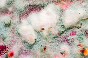 Green mold, white fluff of tender mold. Mold on food. Moldy food. Closeup of penicillin mold. Natural mold background
