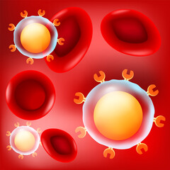t-cells and red blood cells on red background.