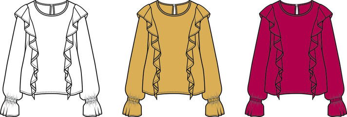 Frilly flat sketch vector blouse design.