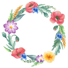 Watercolor floral wreath with summer flowers: poppy, harebell, Californian poppy, wheat, green leaves, cosmos flower for wedding invitations, greeting cards and business cards. Bright flower frame.