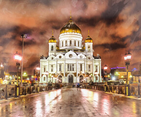 Fototapeta na wymiar Beautiful night view on Cathedral of Christ the Savior colorful painting looks like picture, Moscow, Russia.