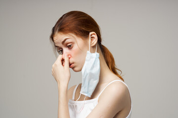 woman medical mask handkerchief health problems cropped view