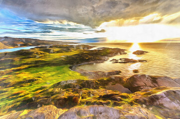 Scenery landscape of Barents sea shoreline colorful painting looks like picture.