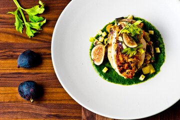 Chicken breast, pan seared to a crispy golden brown in brown butter and served with farm fresh organic vegetables: carrots, Brussels sprouts and green beans. Classic American restaurant favorite.