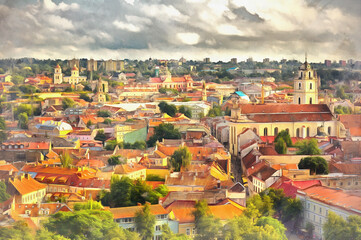 Aerial view on Vilnius colorful painting looks like picture, Lithuania.