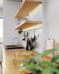 Kitchen wooden countertop with stove and sink, shelves with kitchen utensils on white wall near window, stylish kitchen interior design in scandinavian style, 3d rendering