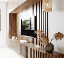 TV area in living room close up, fluted wooden panel with modern decoration, pendant light, living room interior background, tv screen, 3d rendering 