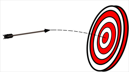Successful hitting the target. Artwork depicts success, hat-trick, precision, on purpose, achievement, excellence and achievement. Target on a wooden tripod and arrow. Vector illustration