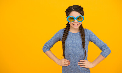 ready for vacation. smiling child on vacation. casual fashion trend. braided hair in pigtails. teen girl with stylish hairstyle. funny kid in party glasses. beauty in sunglasses. childhood happiness