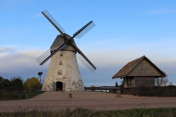 Fototapeta na wymiar Old windmill in the Latvian village of Arishi on November 6, 2020