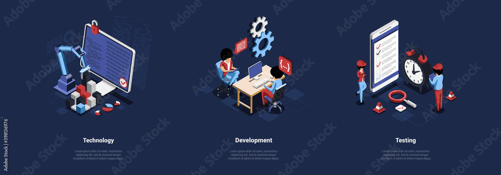 Poster technology, development and testing business conceptual illustrations on dark background. three isom