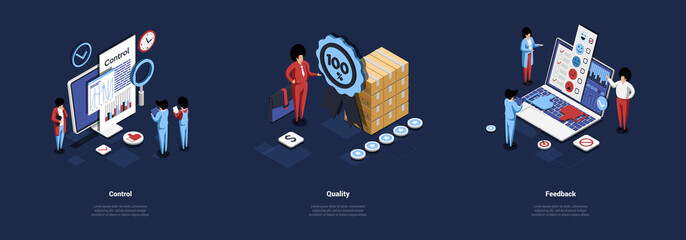 Products And Goods Technological Control, Quality Checkup And Verification And Customers Online Feedback Data Concepts. Isometric Vector Composition Of Three Separate Illustrations In Cartoon 3D Style