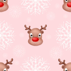 Funny reaindeer face on snowflakes winter holiday background. Cute hand drawn christmas illustration
