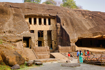 Mumbai, India - October 22, 2018: Exterior of Buddhist heritage cave temple Kanheri cave located in Borivali in Bombay during day time