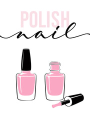 Nail polish - lettering design with 2 nail polish bottles: open and closed. Vector illustration.