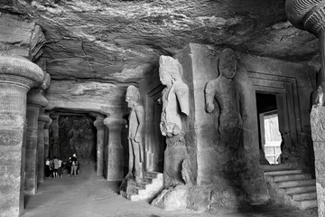 Mumbai, India - October 23, 2018: Interior of a God sculpture of Elephanta cave, late Gupta dating...