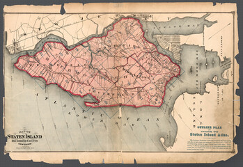 Obraz premium Staten Island map 1874. Reproduction of an old, worn map of Staten Island. This is an enhanced, restored reproduction of an old map. It features landmarks and is rich in historical information.