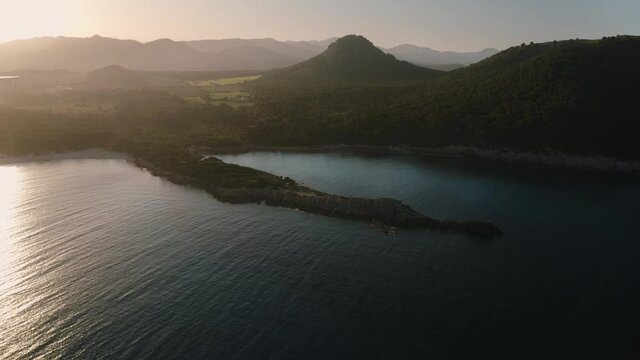 Aerial drone shot in Cala Agulla. Beach in Mallorca, Balearic Island