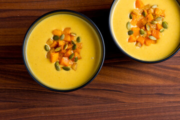 Butternut Squash Soup. Classic American Restaurant or Diner favorite. Homemade soup with chicken broth, noodles celery carrots seasoned with salt and pepper and garnished with Italian parsley. 