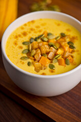 Butternut Squash Soup. Classic American Restaurant or Diner favorite. Homemade soup with chicken broth, noodles celery carrots seasoned with salt and pepper and garnished with Italian parsley. 