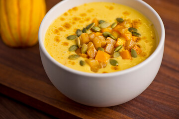 Butternut Squash Soup. Classic American Restaurant or Diner favorite. Homemade soup with chicken broth, noodles celery carrots seasoned with salt and pepper and garnished with Italian parsley. 