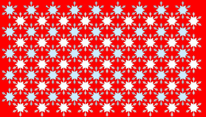 Christmas allegory, with star-shaped snow crystals, winter blue and white, on a red background.