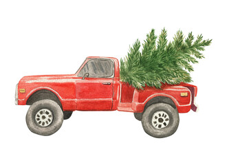 
Red pickup watercolor illustration. Christmas tree by car. Christmas card. Christmas greetings.