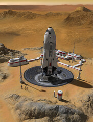 Base on planet Mars with a rocket launch pad © ratpack223