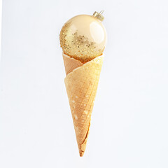 Christmas New Year's eve composition. Christmas decorations in waffle horns for ice cream
