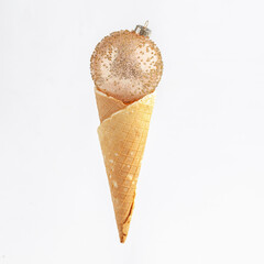 Christmas New Year's eve composition. Christmas decorations in waffle horns for ice cream