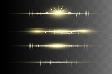 yellow horizontal lens flares pack. Laser beams, horizontal light rays.Beautiful light flares. Glowing streaks on dark background. Luminous abstract sparkling lined background.