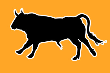 black silhouette of a running bull on an orange background for stickers and decoration