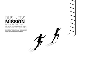 silhouette of businessman running to go up with ladder. Concept of vision mission and goal of business
