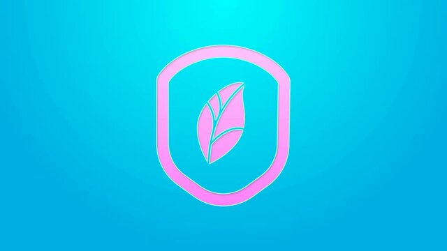 Pink line Shield with leaf icon isolated on blue background. Eco-friendly security shield with leaf. 4K Video motion graphic animation