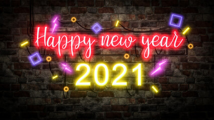 Happy new year neon light on Brick wall bcakground