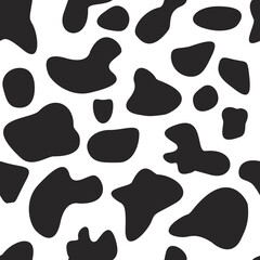 Animal seamless pattern and textile design. Black spots on white background. Vector illustration with cow skin texture or dalmatian dog stains. Good for fabric print, cards, wrapping, wallpapers.