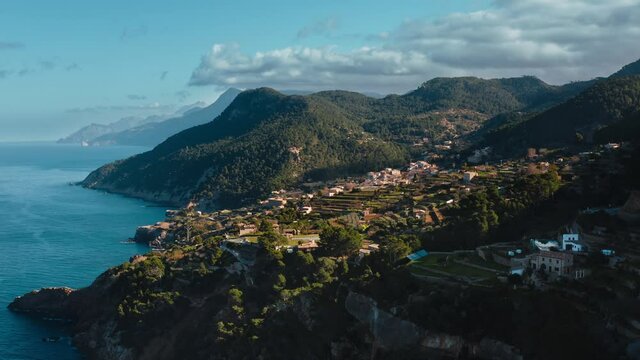 Aerial view of Banyalbufar Touristic Town in Mallorca (Majorca) Drone , Es Port des Canonge, Serra de Tramuntana, Spain