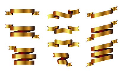 A set of outline golden ribbons and Banners. Vector Illustration.