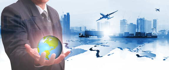 The world logistics , there are world map with logistic network distribution on background and...