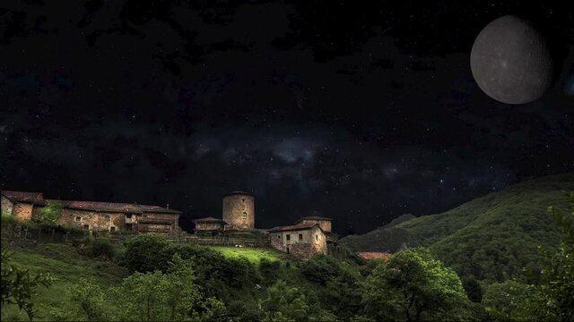 Time lapse of night landscape of a medieval town in Spain with the moon 3d render