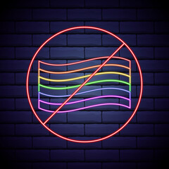 Neon Rainbow Flag Sign. Stop LGBT Propaganda. Lesbian Gay Bisexual Transgender. Human Protest. Vector ilustration isolated on brick wall . LGBT flag icon crossed