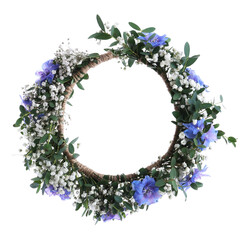 Beautiful handmade flower wreath on white background