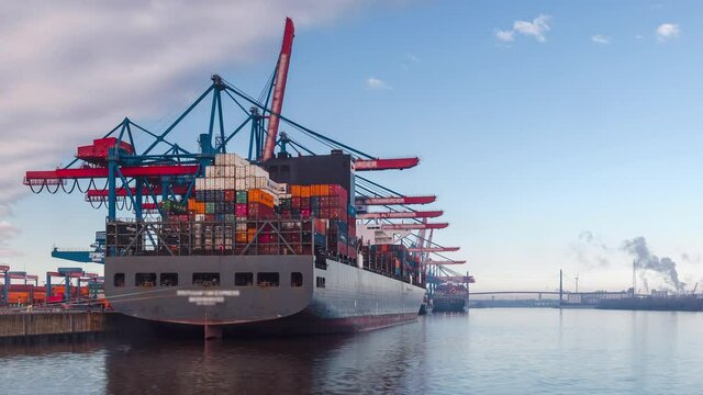 Container loading cargo freight ship, Time Lapse 4K