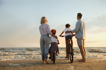 Family with bicycles on sandy beach near sea, back view