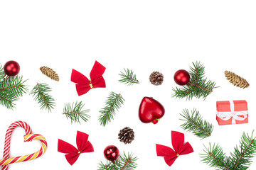 Christmas background with fir branches and decoration isolated on white background. Top view. Flat lay