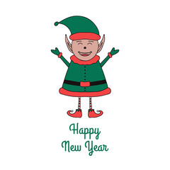 Happy New Year greeting card with cute Elf on white background.