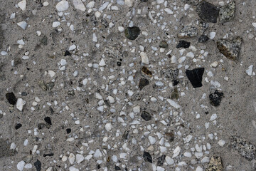 Concrete wall texture with pebbles. Decorative rough concrete surface with white, black and gray stones. Perfect for background and design. Closeup. High resolution.