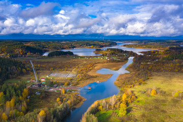 Karelia from a bird's eye view. Autumnal nature of Russia. Villages of Karelia view from a quadcopter. Northern nature of Karelia. Tourism in Russia. Regions of the Russian Federation.
