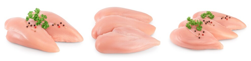 Fresh chicken fillet isolated on white background with full depth of field. Set or collection