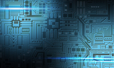 Dark PCB background. Background with printed circuit board lines. Vircuit board symbolizes electronics. Dark texture with PCB. PCB design on topic of technology. Glare of light on computer board